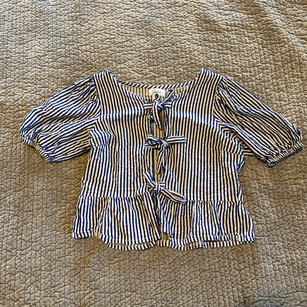 Striped Blue and White Blouse with Bow Details